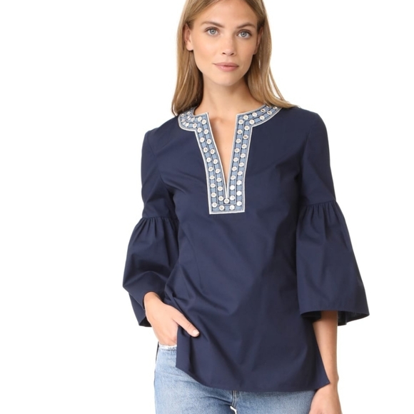 🍒NWT🍒 TORY BURCH POPLIN BOHO BELL SLEEVES TOP - Picture 2 of 5